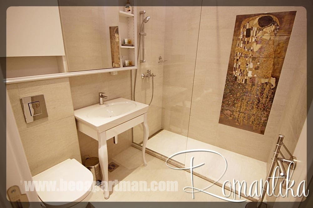 Luksuzno kupatilo, tuš kabina, umetnički motiv  na pločicama, samostojeći lavabo sa stilskim nameštajem Lux apartmani Beograd na dan